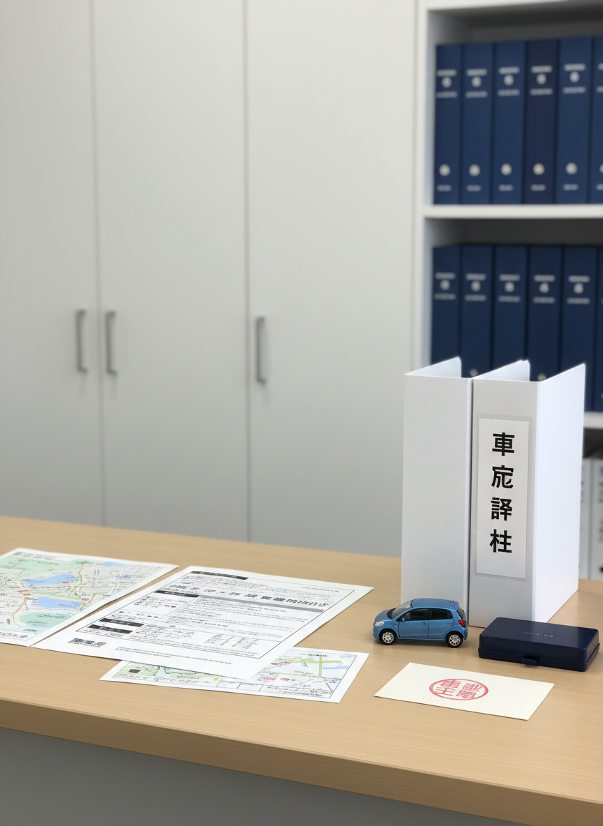 A clean, modern Japanese administrative law office reception desk with neatly arranged car-related documents spread across a smooth light-wood surface. A crisp white file folder labeled “車庫証明” in clear black print is prominently placed beside a small metal model of a blue compact car and a dark navy stamp pad with an official-looking red seal impression on scrap paper. In the background, tall white filing cabinets and a simple bookshelf of legal binders are softly blurred. Natural daylight from an unseen window casts even, neutral light with gentle shadows, creating a calm, trustworthy atmosphere. Photographic realism at eye level, balanced composition with shallow depth of field, professional and minimal aesthetic suitable for a legal services website.