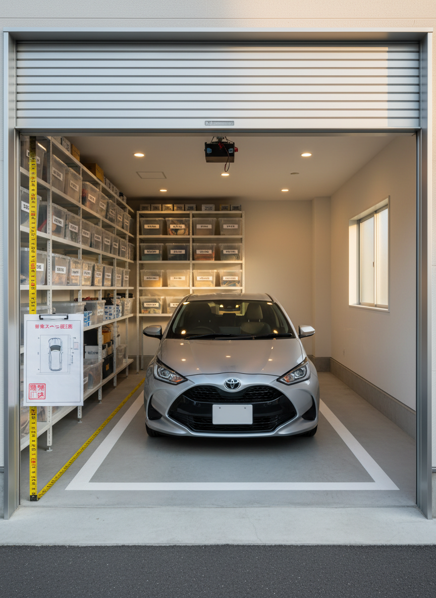 An organized home garage space in suburban Aichi, viewed from just outside the open, clean metal garage door. Inside, a single silver compact car is perfectly parked within painted white boundary lines on the smooth concrete floor. A clearly visible measuring tape lies extended along the side wall, next to a clipboard holding a printed parking space diagram. Shelving along the wall stores labeled plastic boxes, all tidy and aligned. Soft afternoon natural light enters from the side, mixing with cool ceiling lighting to create a clear, realistic look. Shot from a slightly elevated angle with sharp focus throughout, the mood is orderly, secure, and reassuring, highlighting suitable conditions for parking space certification.