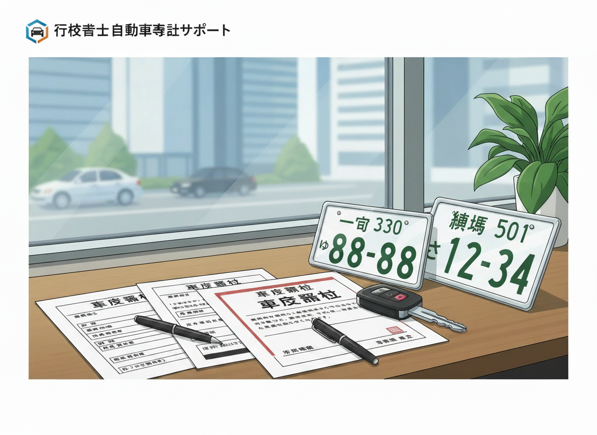 アニメ風のフラットイラスト。デスクの上に日本の自動車関連の書類（車庫証明の様式、登録申請書など）、ボールペン、車のスマートキー、そして『一宮』ナンバーの白い自動車ナンバープレートが見える。人物は一切描かない。背景は淡いブルーとグリーンのグラデーションで、清潔感と信頼感のある行政書士事務所の雰囲気。サイトのFAQセクション用イラスト。