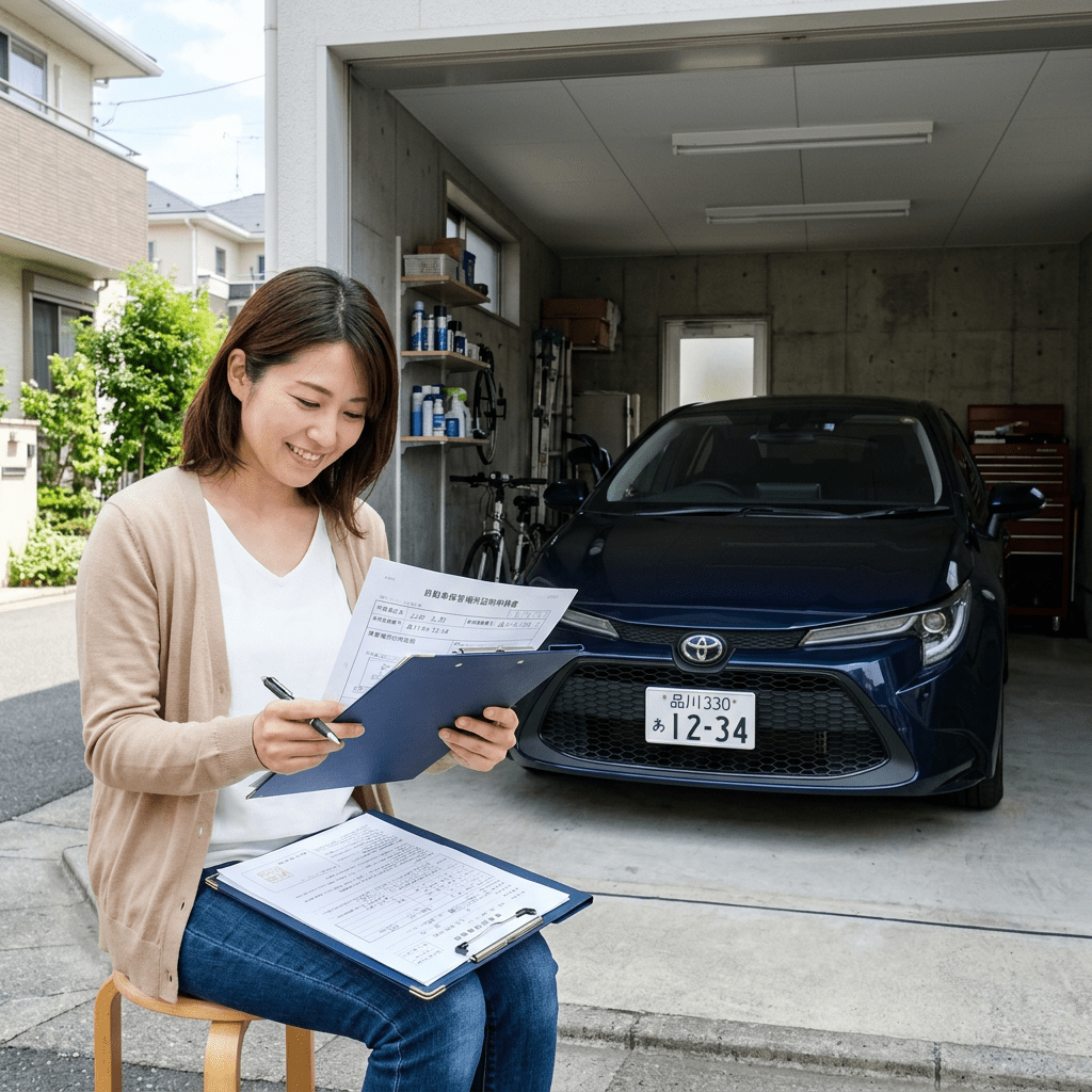 Woman holding and reviewing vehicle inspection forms with a clipboard