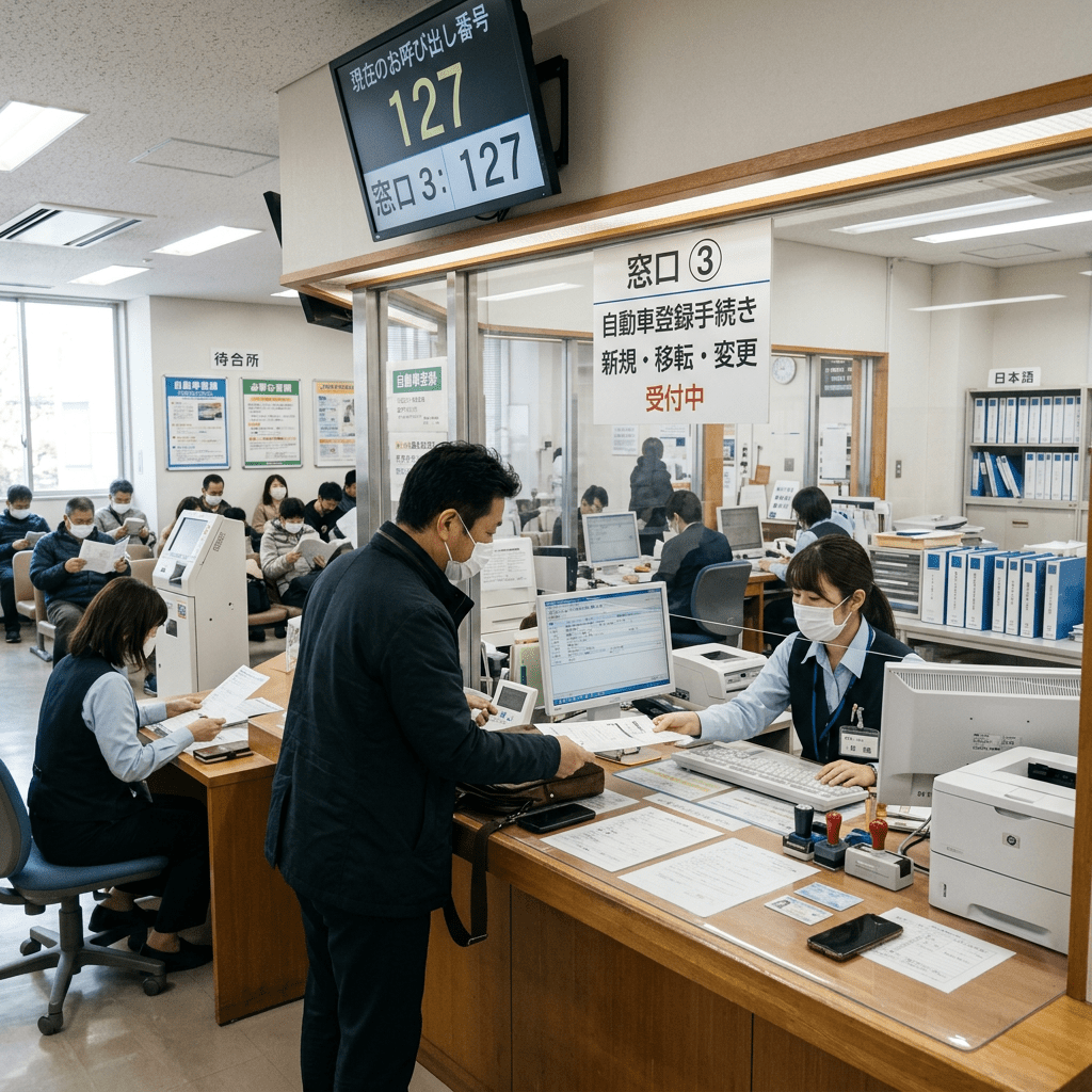 Man at vehicle registration service counter interacting with staff in Japanese office