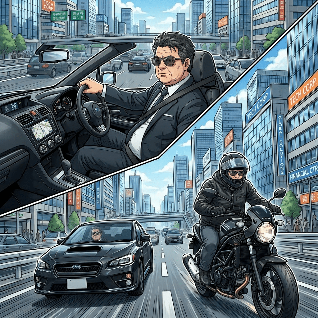 Businessman driving a black car and riding a black motorcycle in a city with tall buildings.