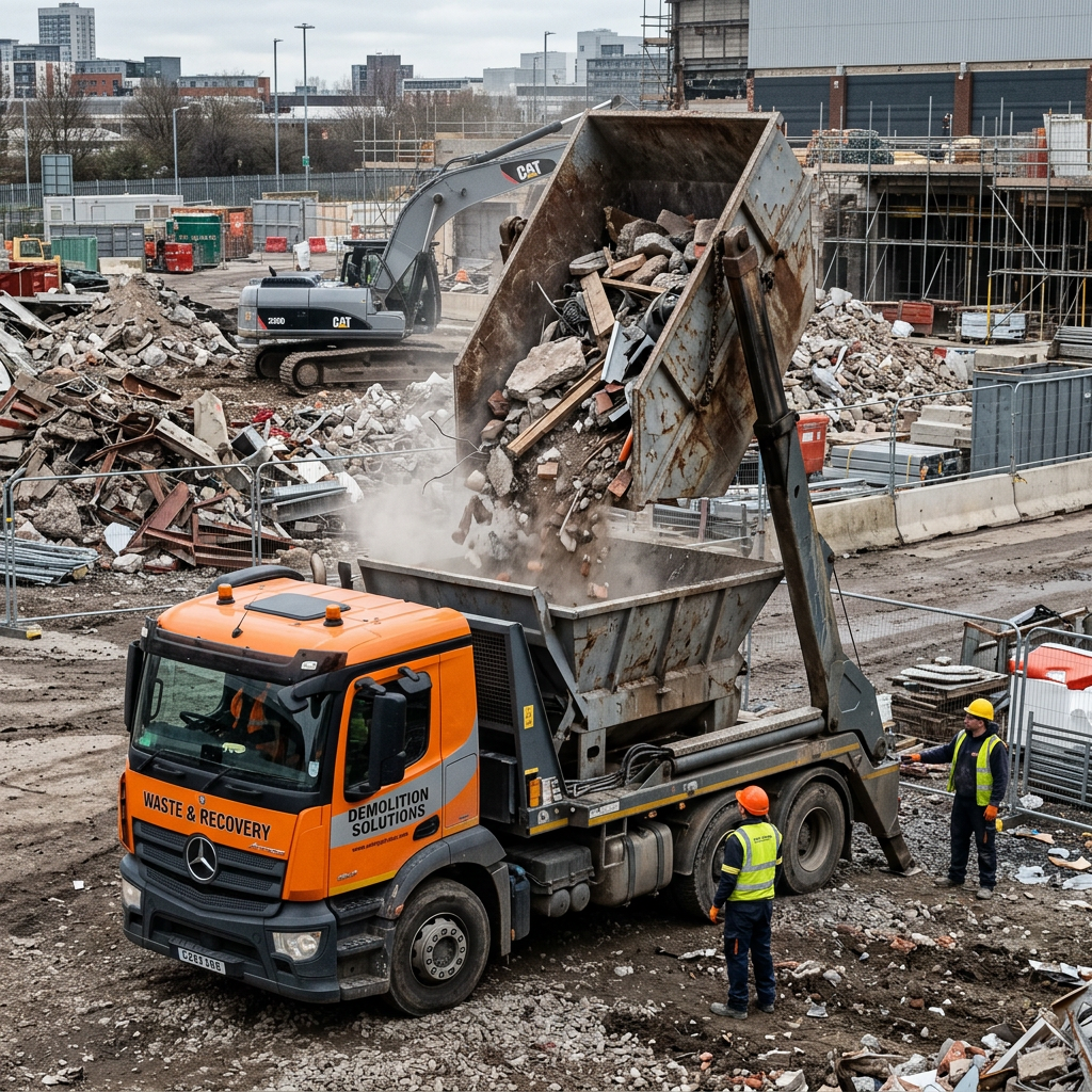 Orange demolition truck unloading rubble and debris at construction site with two workers