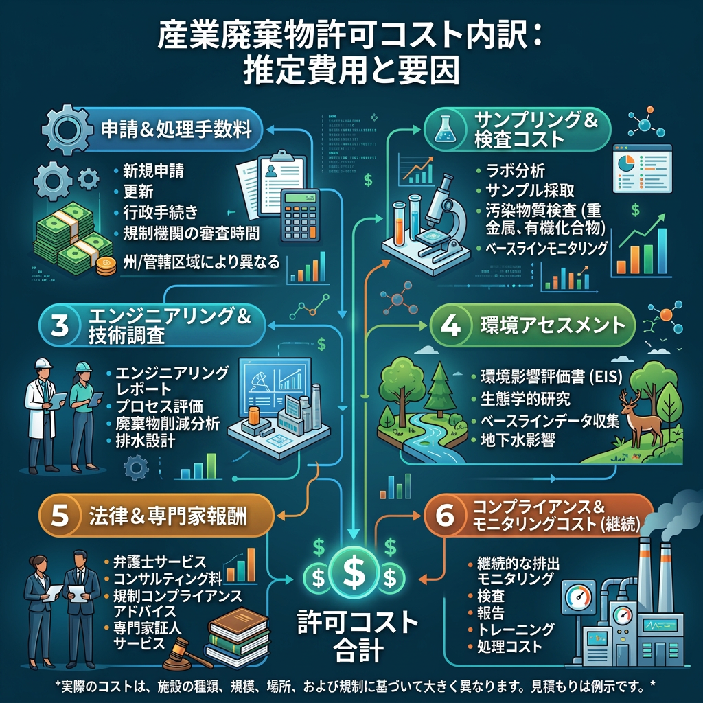 Infographic showing six categories of estimated costs for industrial waste permits including application fees, testing costs, technical studies, environmental assessments, legal fees, and compliance monitoring.