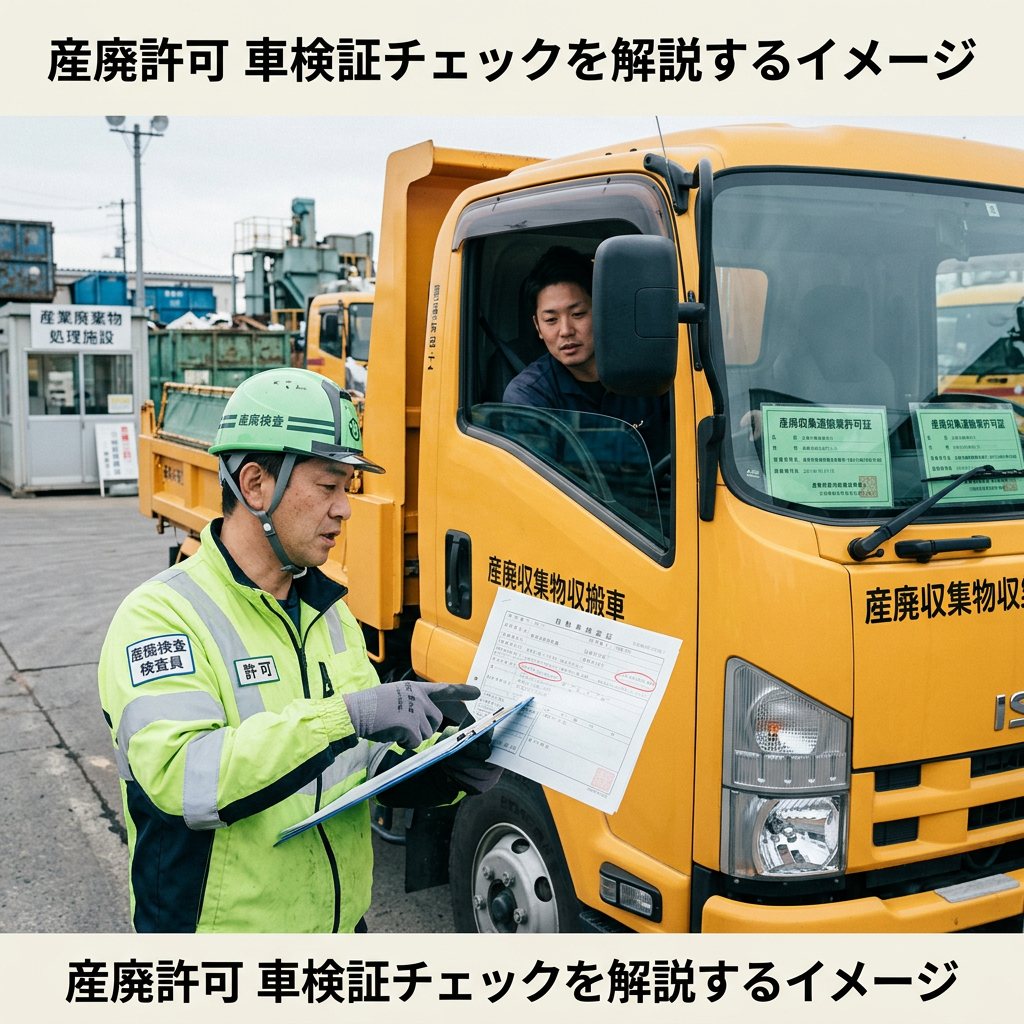 Worker in safety gear inspecting permit paper while truck driver looks on in yellow industrial waste collection vehicle