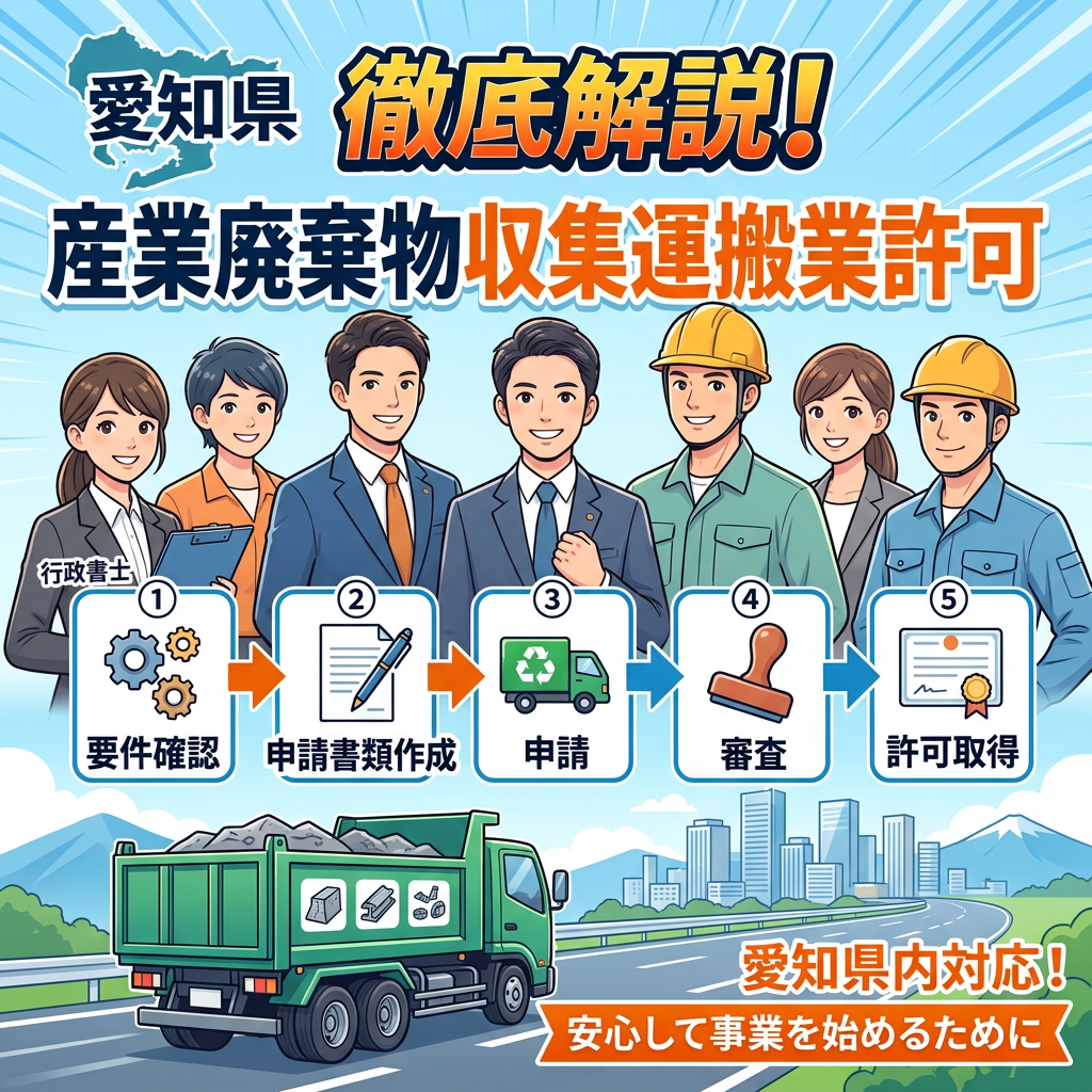 Illustration explaining the industrial waste collection and transportation permit process in Aichi Prefecture with six professionals and a green waste truck.