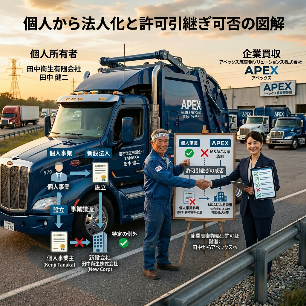 Two men shaking hands by a large blue truck with a commercial permit transfer sign showing individual owner to corporate acquisition