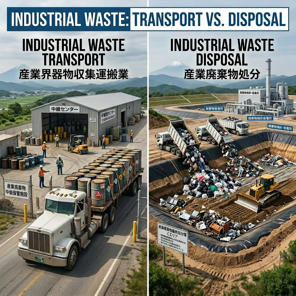 Industrial waste transport truck at transfer facility and dump trucks unloading waste at landfill site