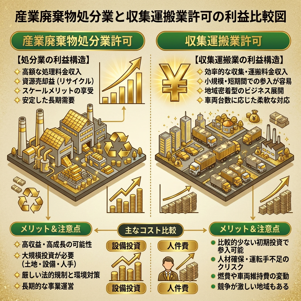 Comparison chart showing profit structure and cost aspects of industrial waste disposal and collection transport permits