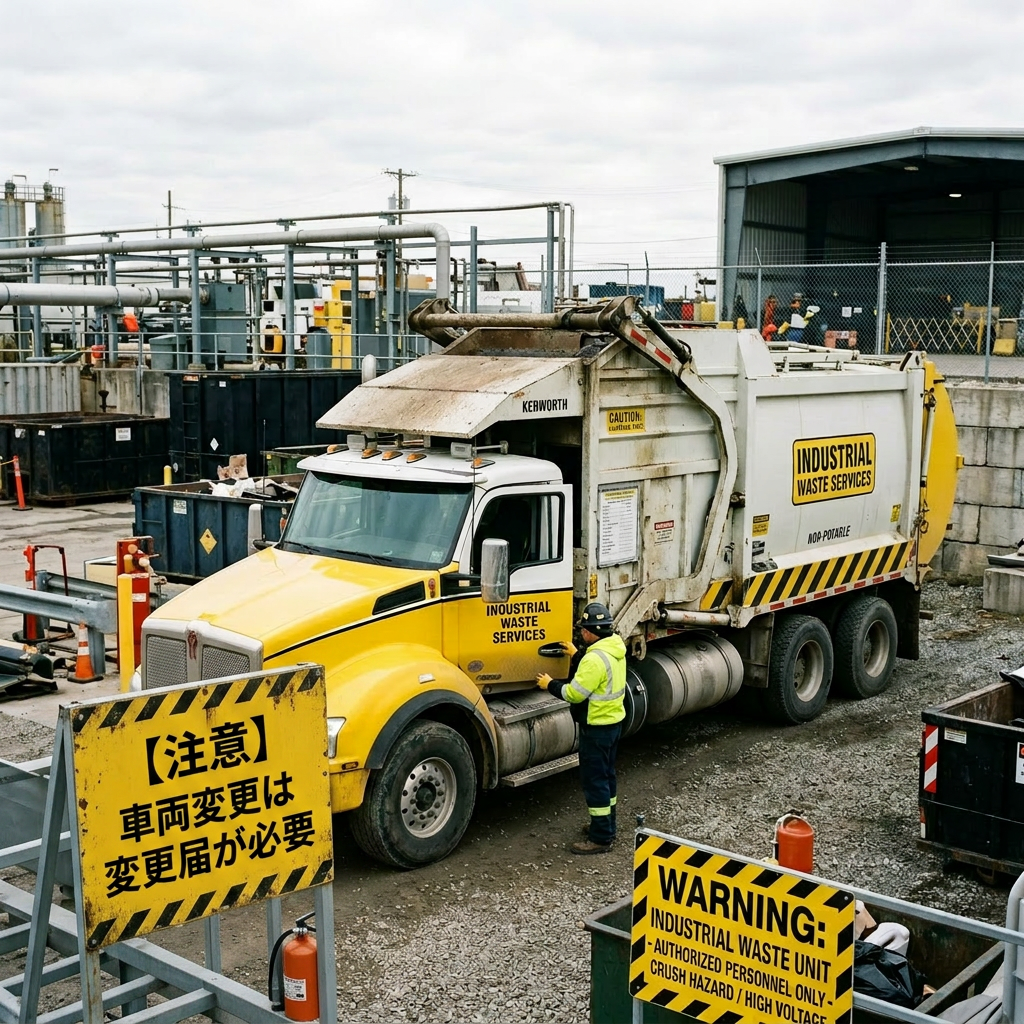 Yellow industrial waste services truck with worker at waste management site