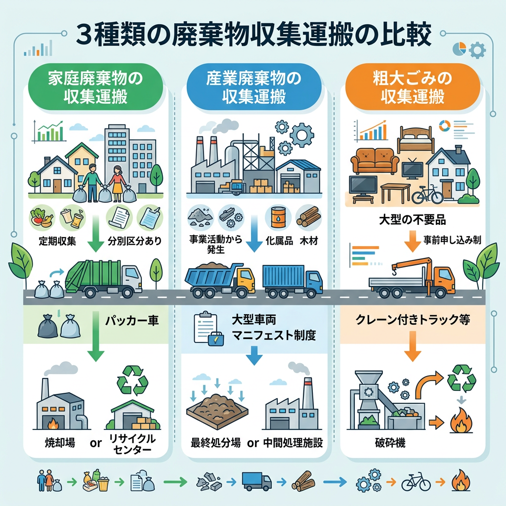 Comparison of collection and transportation methods for household, industrial, and bulky waste with icons and trucks
