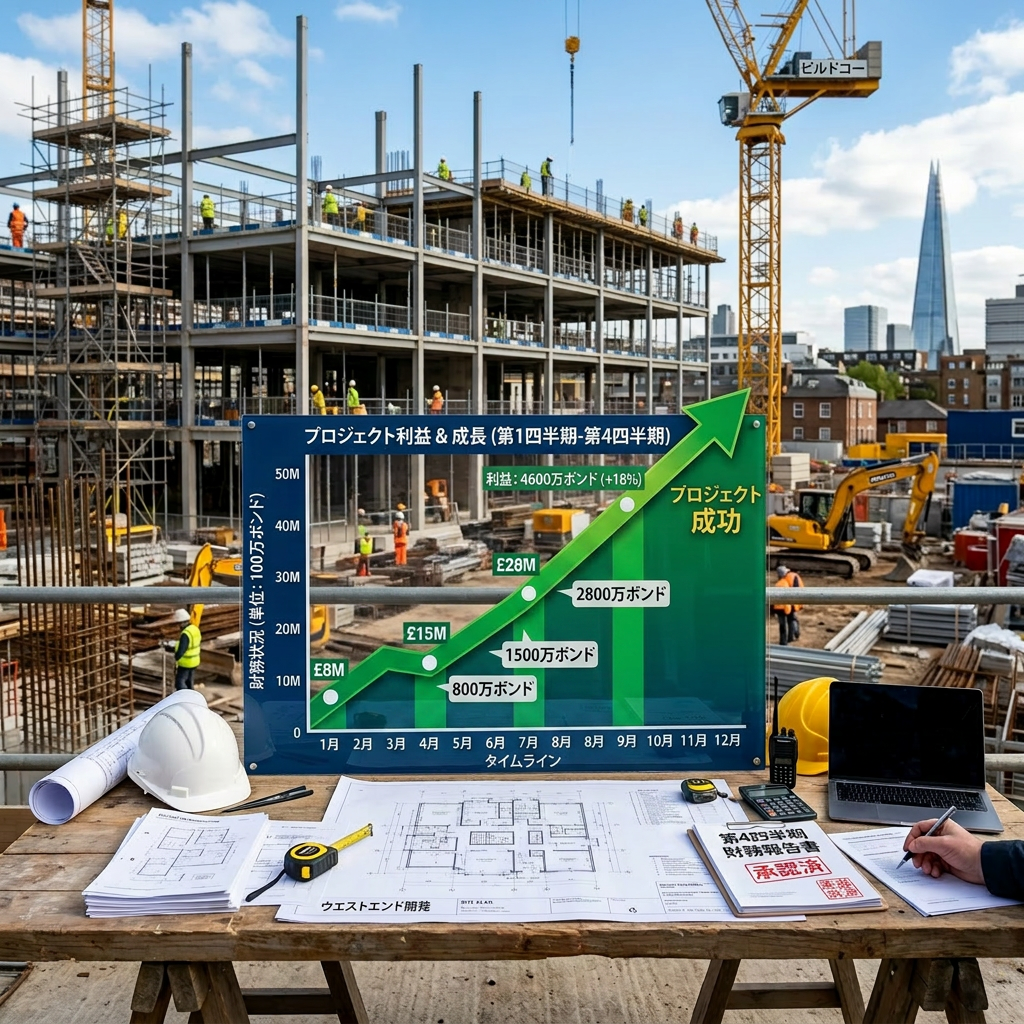 Construction site with planning table and graph showing project profit and growth from Q1 to Q4