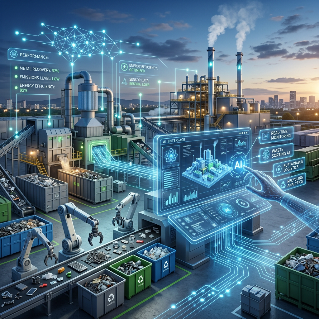 Automated waste recycling plant with AI interface and robotic arms sorting materials