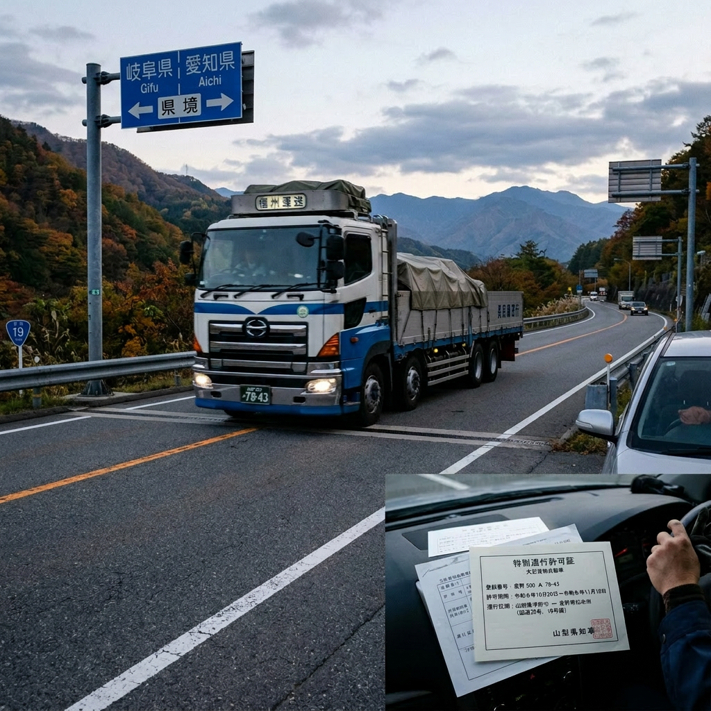 Truck driving on mountainous road near Yamanashi and Nagano border signs