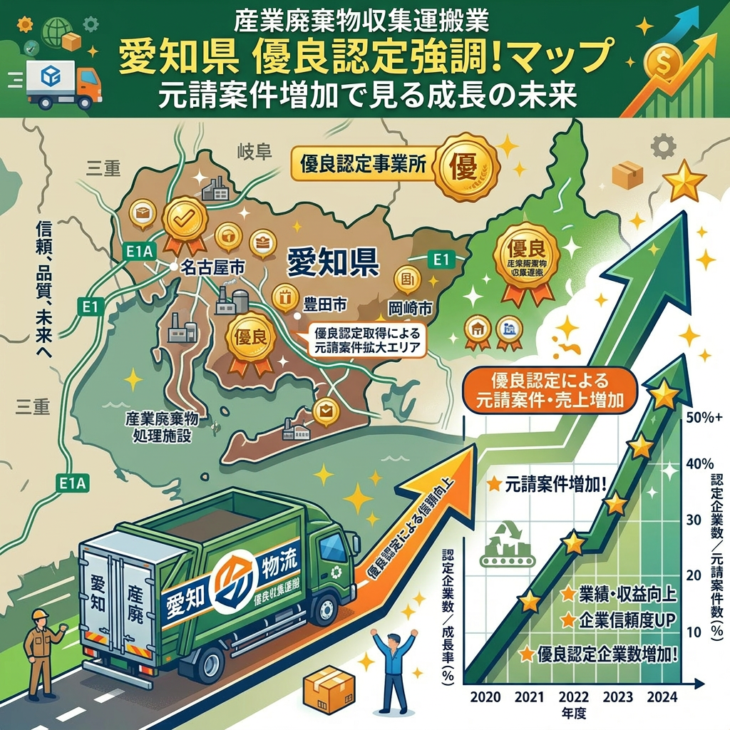 Map of Aichi Prefecture highlighting certified industrial waste collection businesses, growth arrows, and a truck with company branding.