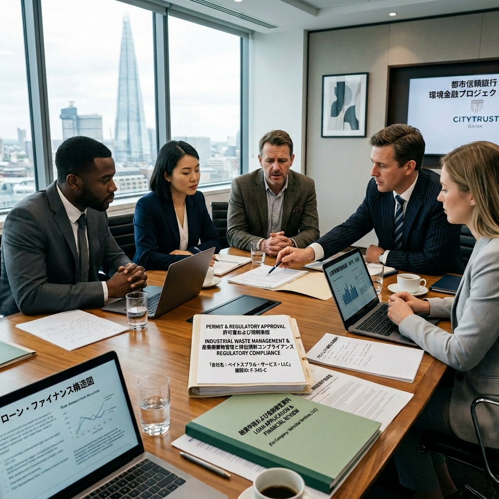 Five professionals discussing industrial waste management permit and financial charts around a conference table