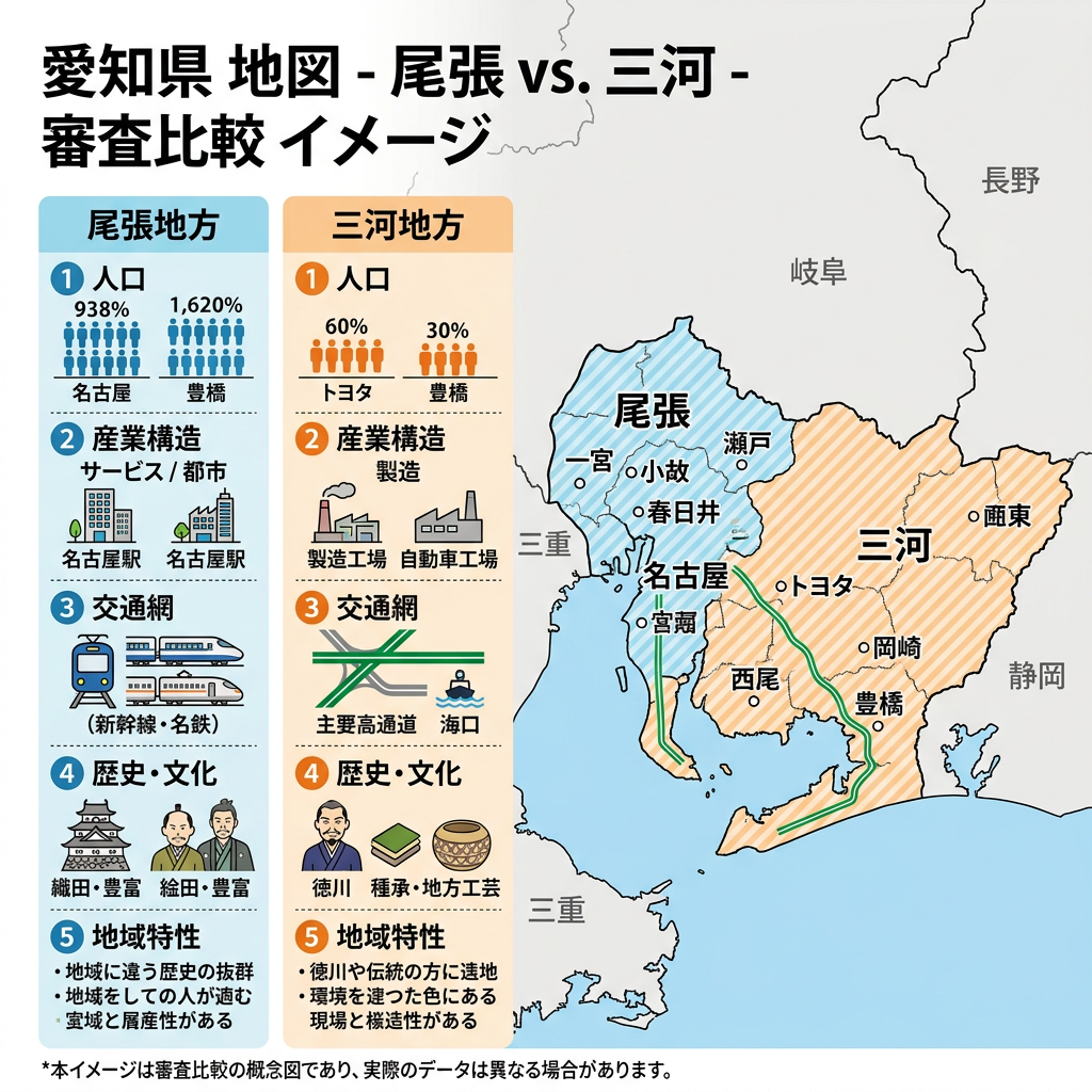 Map comparing Owari and Mikawa regions of Aichi with population, industry, transportation, history, and unique regional features.
