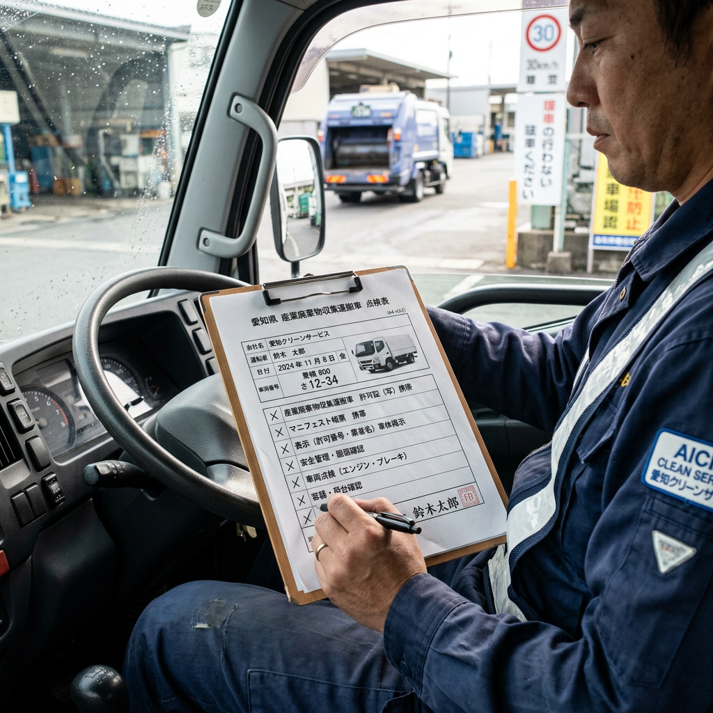 Driver holding clipboard with vehicle inspection checklist inside truck cabin