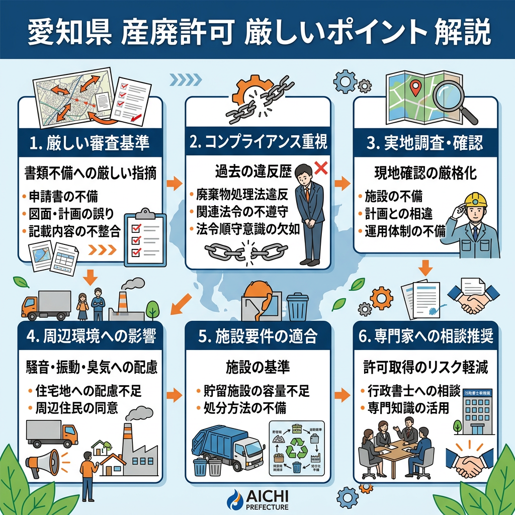 Illustrated steps explaining strict standards and procedures for waste disposal permits in Aichi Prefecture including compliance, inspection, environmental impact, facility standards, and expert consultation.