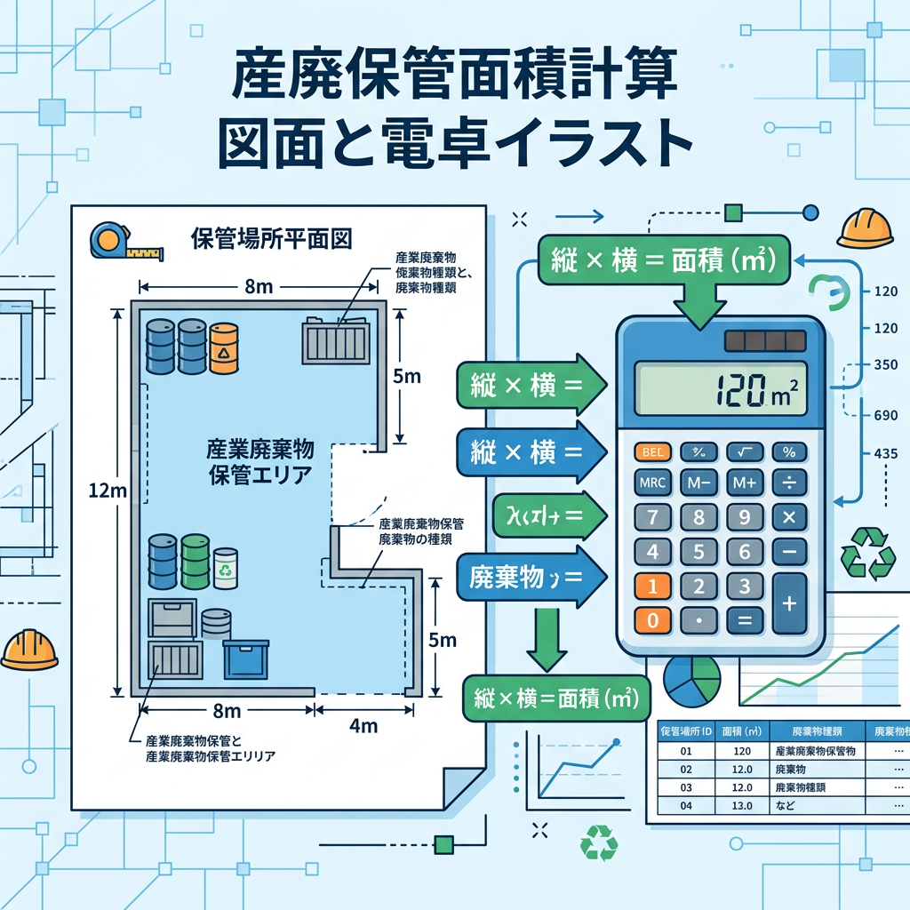 Diagram of industrial waste storage area with dimensions and calculator displaying 120 square meters