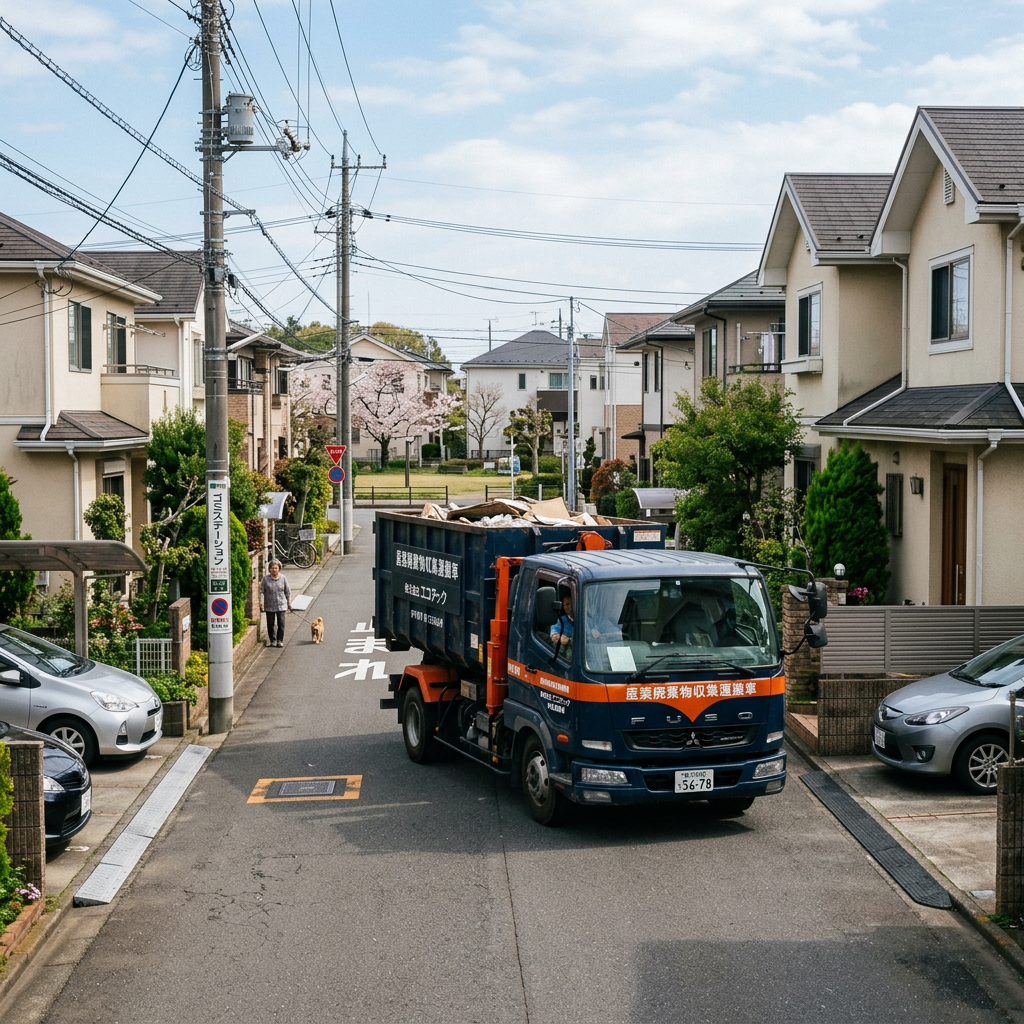 Waste collection truck driving on residential street with houses and a person walking a dog