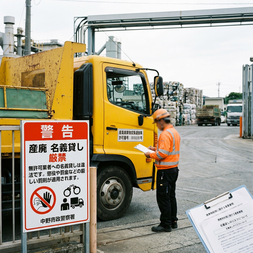 Worker in orange safety gear checking paperwork next to yellow waste truck at recycling site