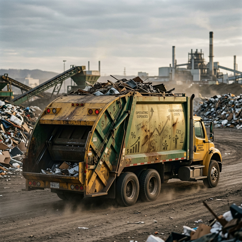 Garbage truck filled with waste driving in a landfill with industrial structures in the background