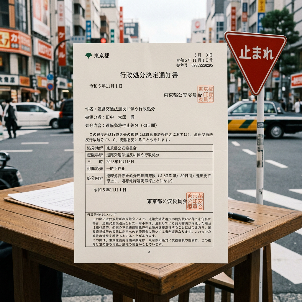 Driving suspension notice issued by Tokyo Public Safety Commission with official stamps and details in Japanese