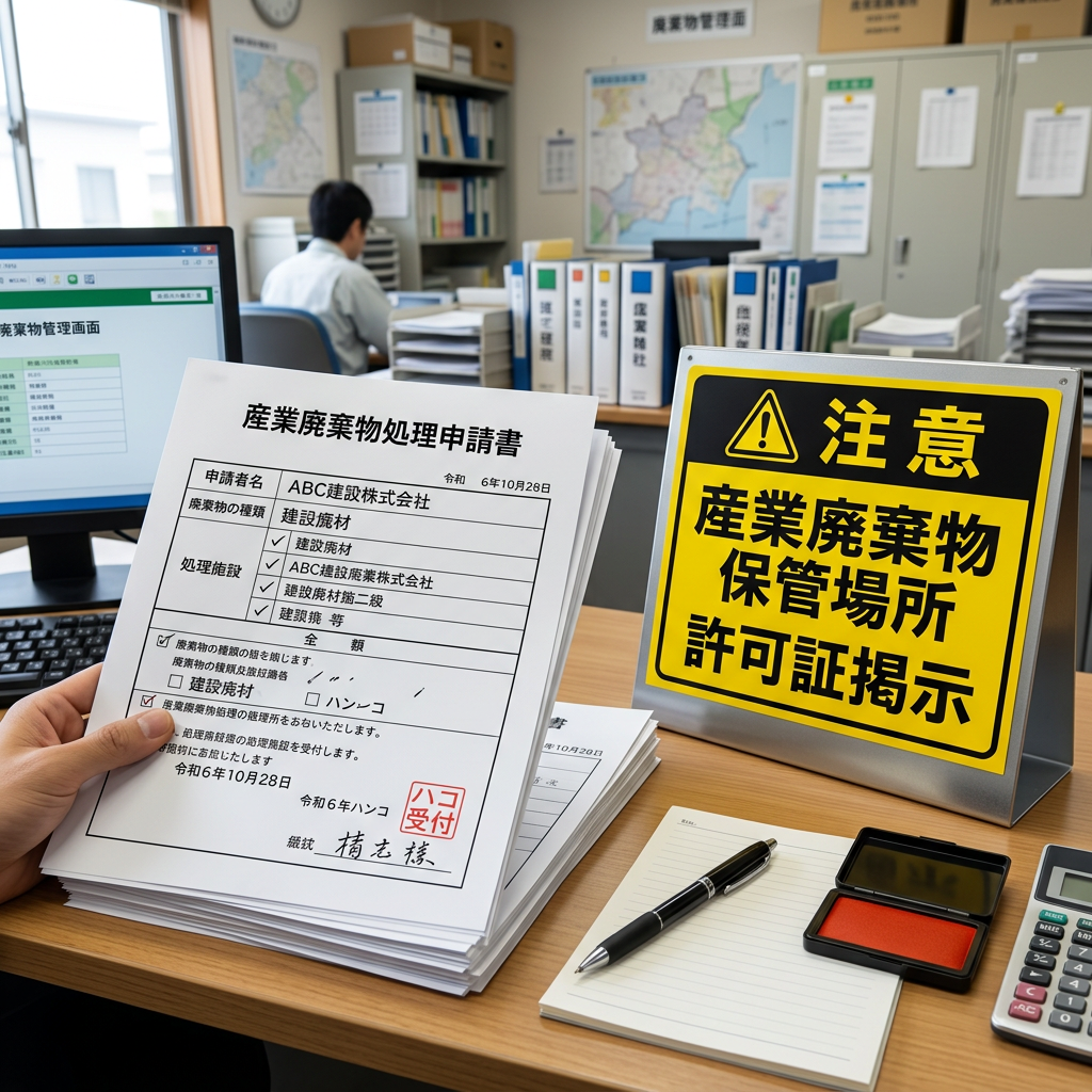Industrial waste processing application form and warning sign on desk