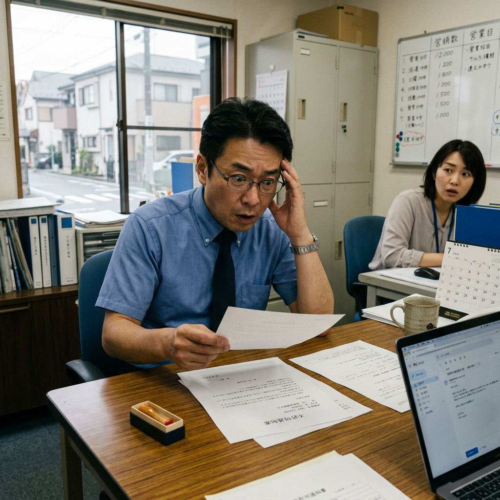 Man and woman in office looking concerned over documents