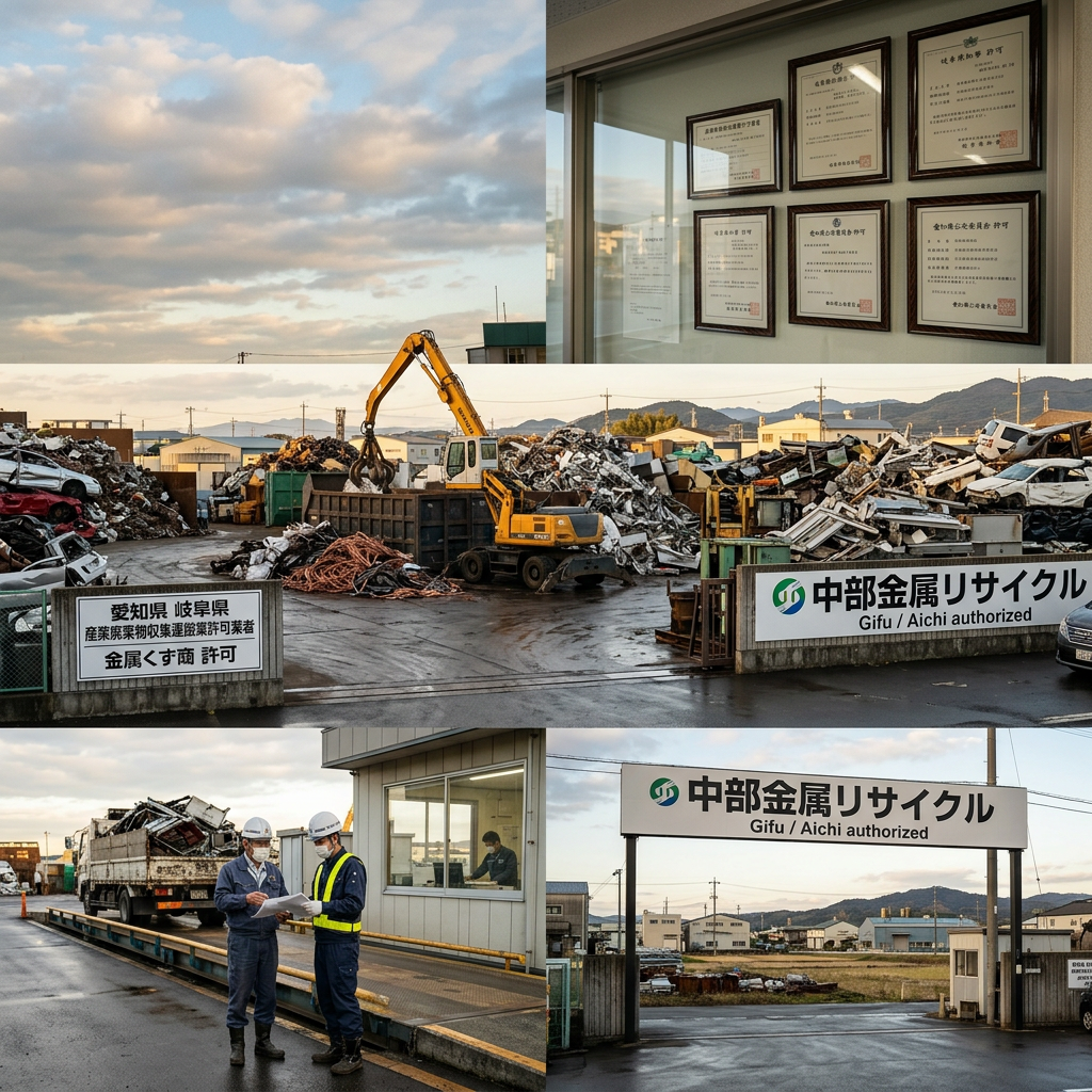 Metal recycling facility with scrap yard, excavator, certifications, and Japanese signage