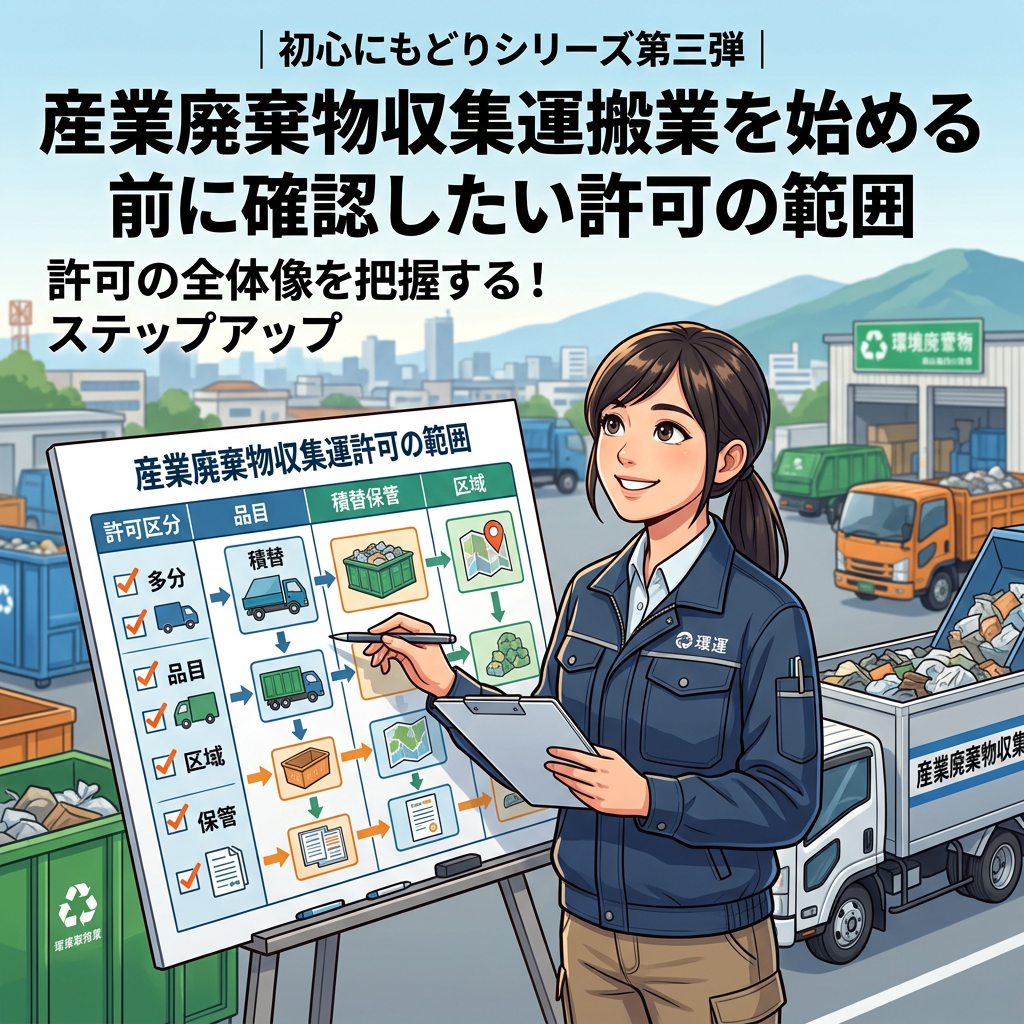 Japanese guide graphic about permits for industrial waste collection and transport
